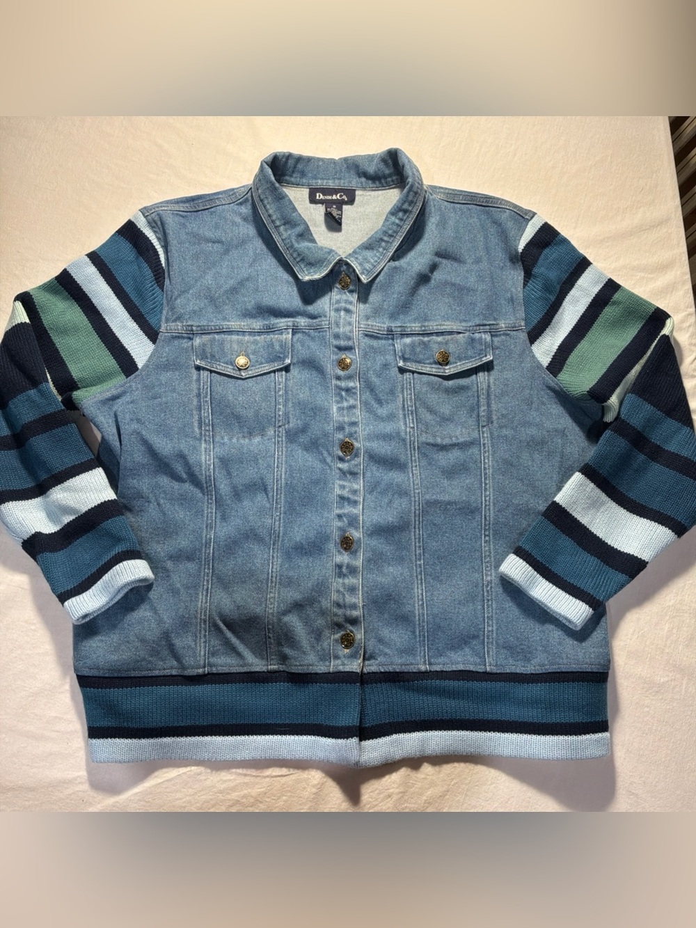 Denim&Co 1X Stretch Denim Jean Jacket w/ Striped Knit Sleeves